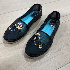 Christian Dior Embroidered Mesh Riviera Black Flat Espadrilles 38